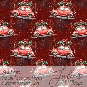 Peut inclure: Motif répété de voitures rouges vintage, chacune ornée d'un sapin de Noël avec un nœud, sur un fond rouge foncé avec de la neige et des arbres clairsemés. Le texte "300 dpi Seamless pattern Commercial use" est visible.