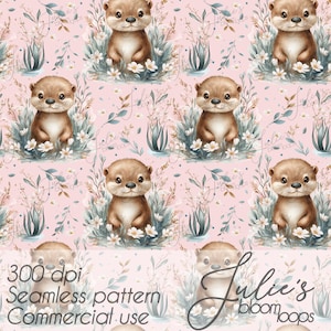 Peut inclure: Un motif sans couture avec d'adorables loutres à l'aquarelle entourées de fleurs blanches et de verdure sur un fond rose tendre. Le motif comprend le texte "300 dpi, Seamless pattern, Commercial use" et le nom "Julie's bloomboops".