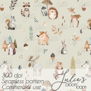 May include: A seamless pattern featuring watercolor illustrations of woodland animals such as a raccoon, deer, squirrel, and bear. The design includes trees, mushrooms, and acorns in a soft, neutral color palette. The text "300 dpi Seamless pattern Commercial use" is visible.