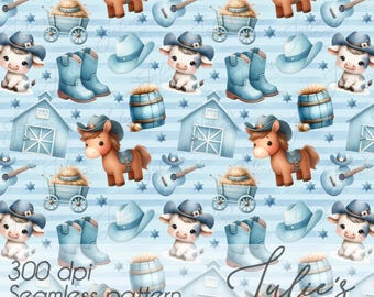 May include: A seamless pattern featuring cowboy-themed illustrations. The design includes cartoon ponies, guitars, cowboy hats, boots, and baby cows, all in shades of blue and brown. The text "300 dpi Seamless pattern Commercial use" is also included.