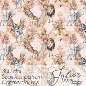 Peut inclure: Un motif sans couture avec des illustrations à l'aquarelle d'animaux sauvages africains, notamment des éléphants, des girafes, des zèbres, des lions et des lionnes, sur un fond rose clair avec des accents botaniques. Le texte indique "300 dpi Seamless pattern Commercial use".