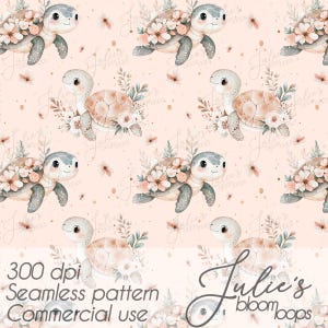 May include: A seamless pattern featuring cartoon sea turtles with floral accents. The turtles have grey flippers and heads, with beige shells and are surrounded by flowers and leaves. The background is a soft peach colour. The text "300 dpi Seamless pattern Commercial use" is at the bottom.