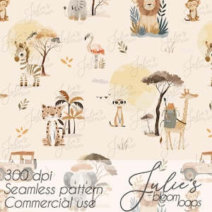 Op de afbeelding: Naadloos patroon met aquarel illustraties van safari dieren zoals leeuwen, giraffen en zebra's. Het ontwerp bevat bomen, een jeep en de tekst "300 dpi Seamless pattern Commercial use" op een crèmekleurige achtergrond.