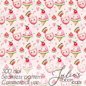 Peut inclure: Un motif sans couture avec des illustrations à l'aquarelle de desserts de pastèque souriants, notamment des cornets de glace, des milkshakes et des tranches de pastèque, sur un fond rose clair. Le motif comprend des cœurs et des points verts. Le texte indique "300 dpi. Motif sans couture. Usage commercial."