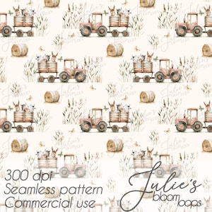 Peut inclure: Motif répétitif avec un tracteur rose tirant une charrette remplie de lapins et de vaches. Des balles de foin et de hautes herbes sont également présentes. Le texte "300 dpi Seamless pattern Commercial use" est en bas.