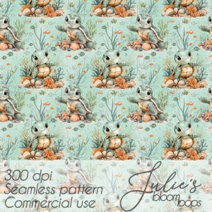 Peut inclure: Motif répétitif de tortues marines de dessin animé avec des carapaces, saluant, entourées de coraux, d'algues et de poissons sur un fond bleu clair. Le texte "300 dpi Seamless pattern Commercial use" est visible.