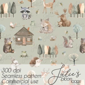 May include: A seamless pattern featuring watercolor illustrations of woodland animals, trees, and a cabin on a light green background. Animals include a raccoon, deer, fox, bear, squirrel, rabbit, hedgehog, and frog. The text "300 dpi Seamless pattern Commercial use" is also present.