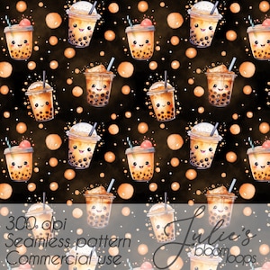 May include: A repeating pattern of cartoon bubble tea cups with smiling faces, straws, and fruit toppings, on a dark backdrop with orange circles. The design includes the text "300 dpi Seamless pattern Commercial use" and "Julie's bloomloops".