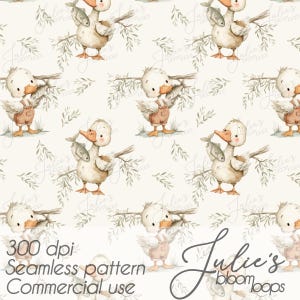 Op de afbeelding: Een naadloos patroon met cartoon eenden in overalls die vissen en takken vasthouden. De eenden staan in verschillende poses tegen een crèmekleurige achtergrond met bladachtige takjes. De tekst "300 dpi Seamless pattern Commercial use" staat onderaan.