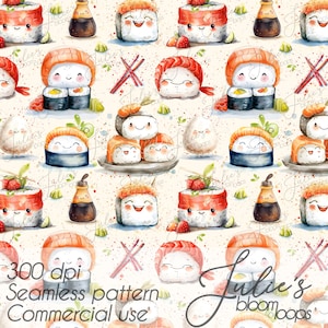 Peut inclure: Un motif sans couture avec des illustrations à l'aquarelle de rouleaux de sushi, de bouteilles de sauce soja et de baguettes. Les rouleaux de sushi ont des visages souriants et sont décorés de fraises et d'autres garnitures. Le texte "300 dpi Seamless pattern Commercial use" est également présent.