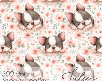 Floral flowers dog Boston terrier watercolor - Seamless pattern - Commercial use - 300dpi digital file - sublimation impression - jpg png