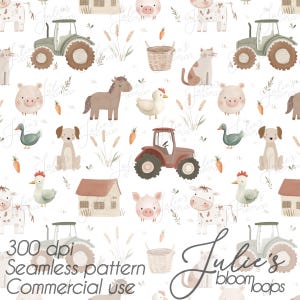 May include: A seamless pattern with farm animals and elements such as tractors, houses, and wheat. The design includes pigs, cows, horses, chickens, ducks, dogs, and cats in a whimsical style. The text "300 dpi Seamless pattern Commercial use" is also present.