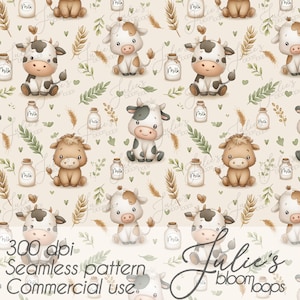 Peut inclure: Motif sans couture avec des vaches de dessin animé, des bouteilles de lait, des épis de blé et des feuilles vertes sur fond beige. Le texte "Julie's bloomloops" et "300 dpi Seamless pattern Commercial use" sont également visibles.