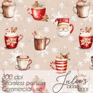 Peut inclure: Un motif sans couture présentant diverses tasses de chocolat chaud et de café, décorées de crème fouettée, de bonhommes en pain d'épices et de cannes en sucre. Les tasses sont rouges, marron et blanches, sur un fond beige avec des flocons de neige.