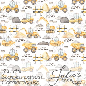 May include: A watercolour seamless pattern with yellow construction vehicles, such as excavators and dump trucks, alongside grey rocks, sand piles, and hazard signs on a white backdrop. The text "300 dpi Seamless pattern Commercial use" is also present.