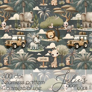 May include: A seamless safari-themed pattern with cartoon animals including elephants, zebras, giraffes, and lions. The design incorporates palm trees, safari jeeps, and a "Safari" sign, set against a dark green backdrop.