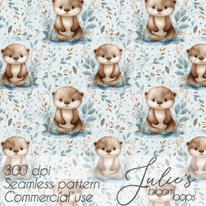 Può includere: Un motivo senza cuciture con simpatiche lontre dei cartoni animati nei toni del marrone e del crema, circondate da un fogliame ad acquerello blu e marrone. Il testo "300 dpi Seamless pattern Commercial use" è visibile. Il motivo è di Julie's Bloomloops.
