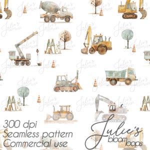 May include: A seamless watercolour pattern showcasing construction vehicles such as cement mixers, excavators, and dump trucks, interspersed with trees and traffic cones. The design is set on a white background, ideal for various applications.