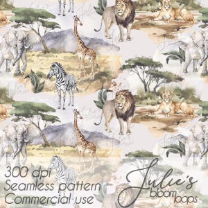 Op de afbeelding: Naadloos patroon met aquarel illustraties van Afrikaanse dieren, waaronder leeuwen, giraffen, zebra's en olifanten. Het ontwerp bevat bomen en een neutrale achtergrond. Tekst luidt "300 dpi Naadloos patroon Commercieel gebruik."
