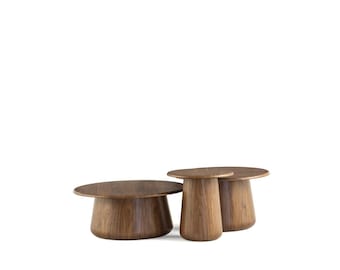 Juego de mesas de centro redondas, modernas y apilables de madera – Base cónica escultórica – Diseño orgánico minimalista