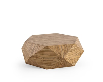 Mesa de centro geométrica de madera – Diseño de polígono facetado – Centro de mesa moderno hecho a mano – Mobiliario escultural minimalista