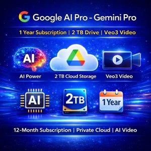 Könnte beinhalten: Werbegrafik für Google AI Pro - Gemini Pro, mit blauem Hintergrund und weißen Texten und Symbolen. Das Bild zeigt AI Power, 2 TB Cloud-Speicher und Veo3 Video, mit einem 1-Jahres- und 12-Monats-Abonnement.