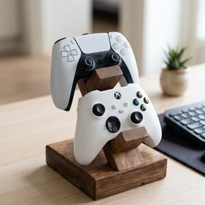 Suporte duplo para controles, feito à mão em madeira, para controles de PS5, PS4, Xbox e PC.