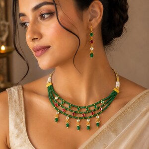 Gargantilla Kundan con cuentas verdes, joyería nupcial de varias capas con colgante de rubí