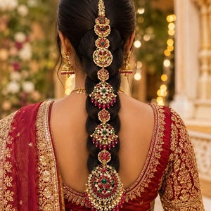 South Indian Bridal Hair Choti Jewelry, Kundan Meenakari Braid Accessory, Ruby Emerald Pearls
