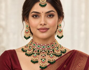 Set di collana girocollo Kundan, gioielli da sposa indiani artigianali con perline verdi.