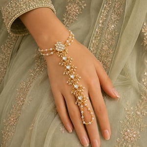 Kundan Pearl Hand Harness Bracelet, Gold Plated Hathphool Jewelry, Indian Bridal Hand Chains