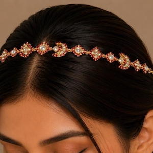 Kundan Sheeshpatti Headpiece with Pearls, Gold Ruby Bridal Jewelry, Wedding Hair Accessory Jewelry