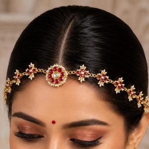 Kundan Sheeshpatti Headpiece with Pearls, Gold Ruby Bridal Jewelry, Wedding Hair Accessory Jewelry
