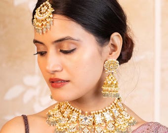 Gold Plated Kundan Bridal Choker Set with Pearl Drop Earrings and Maang Tikka Jewelry