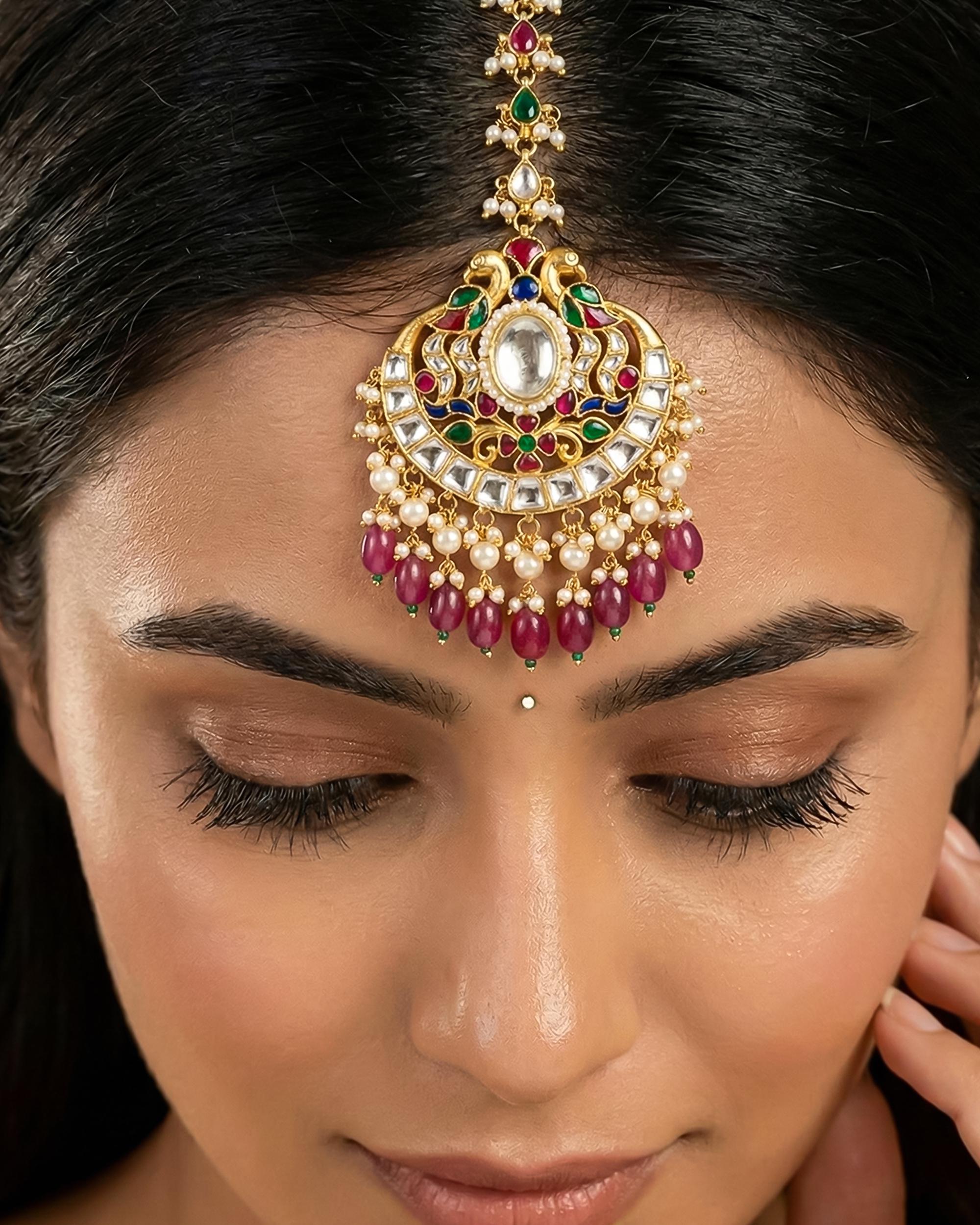 Peacock Kundan Maang Tikka, Gold Plated Bridal Matha Patti, Pearl Indian Headpiece Bridal Jewelry
