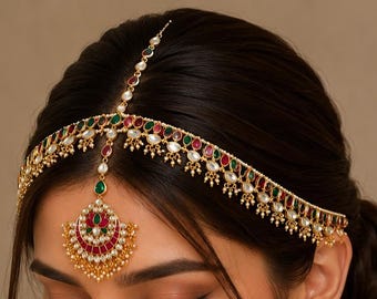 Braut indischen Kundan Sheeshpatti Kopf Schmuck, Gold Perle rot weiß Kopfschmuck