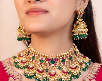 Gold Plated Kundan Choker Necklace Set with Tikka, Pink Green Beads Bridal Jewelry