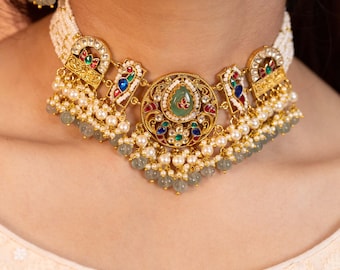 Green Pearl Kundan Choker Set, Indian Bridal Necklace with Beads Earrings
