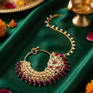 May include: A gold-toned nose ring with a large circular design, adorned with red and clear gemstones, and small white pearls. The ring features a dangling chain with more pearls. The jewelry is set against a dark green fabric.