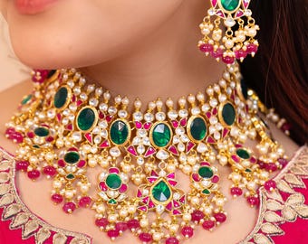 Green Kundan Bridal Jewelry Set, Gold Plated Choker Necklace, Earrings, Maang Tikka