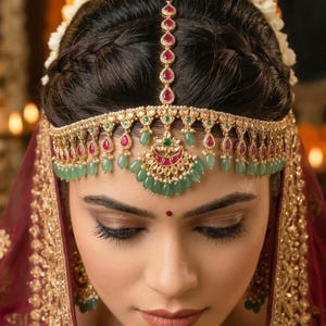 Może przedstawiać: Złota tiara z rubinowymi i szmaragdowymi akcentami, z centralnym wisiorkiem i wiszącymi szmaragdowymi koralikami. Tiara jest noszona z bordową welonem i kwiatowymi ozdobami do włosów. Biżuteria jest bogata w szczegóły.