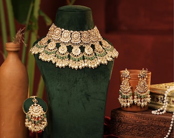 Kundan Choker Set Jewelry with Green Beads, Bridal Necklace Set with Drop Earrings, Indian Wedding Jewelry