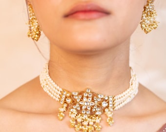 Set di collana girocollo di perle Kundan, gioielli da sposa indiani placcati in oro