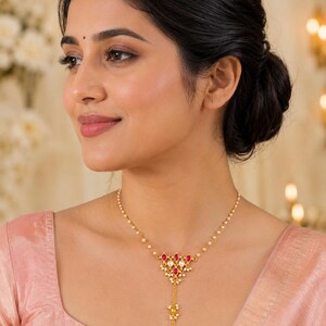 Ruby Kundan Y Necklace Set with Pearl Chain and Matching Earrings, Indian Bridal Wedding Jewelry