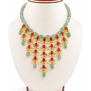 Ruby Green Stone Necklace Set, Statement Bridal Jewelry, Gold Wedding Necklace with Earrings, Boho Luxury Jewelry Gift