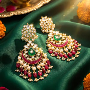 Pendientes Jadau Chandbali chapados en oro de 18 quilates – Joyería nupcial tradicional india con detalles de perlas, estilo Kundan para bodas étnicas.