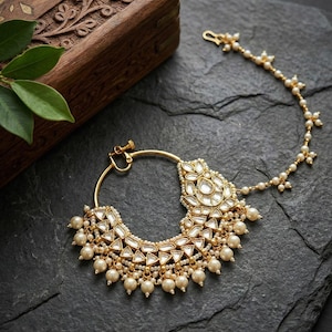 Traditionell Kundan Pärla Brud Nath – Guldpläterade Bröllopsnäsringssmycken