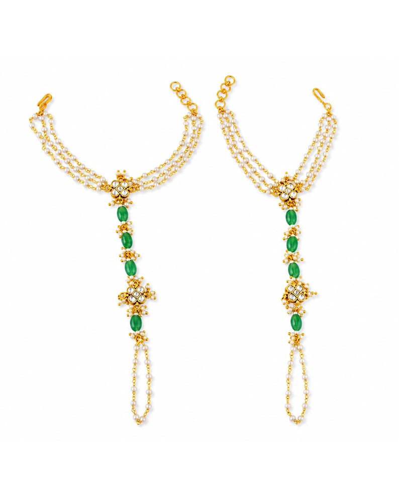 Kundan Pearl Hathphool Hand Harness, Green Beads, Bridal Wedding ...