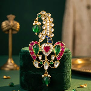 Sieraden van Rajwadi Kalingi met pauwenmotief, vergulde bruidegomstulbandbroche, Kundan Polki, parelkralen