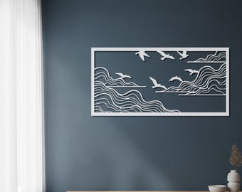 Arte de pared de metal con pájaros voladores, decoración de pared de metal con olas del océano, colgante de pared con silueta de gaviota, arte de casa de playa costera, metal minimalista moderno